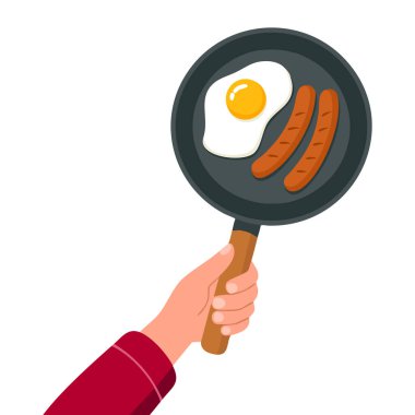 Çizgi film vektör çizimi yumurta ve sosisli tavayı mutfak aletleri kahvaltısı ve yemek temalı sanat eserleri için idealdir.