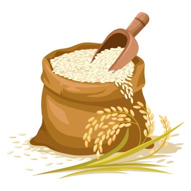 Pirinç unlu çuvalın çizgi film vektör çizimi ve kepçe izole edilmiş ideal tarım gıda paketleme pişirme veya eğitim temalı yaratıcı sanat eserleri için