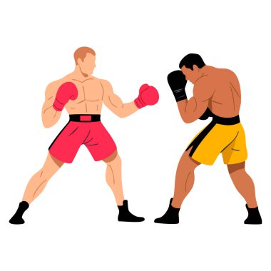 Spor eylem tasarımı yarışması veya atletik temalı sanat eserleri için uygun ringde dövüşen şortlu ve eldivenli iki güçlü boksörün çizgi film vektör çizimi