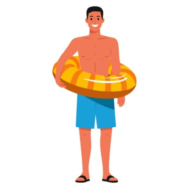 Mayo giymiş, elinde şişirilebilir yüzükle gezmek için ideal bir tatil plajı ya da eğlence temalı sanat eseri olan genç turistin çizgi film çizimi.