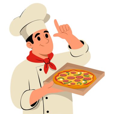 Şefin pizza paketlemesi İtalyan fast food restoranının yemek servisi servis vektör ilüstrasyon koleksiyonu mutfak tasarımı için mükemmel.