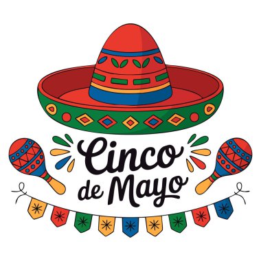 Kırmızı şapkalı ve renkli bayraklı Cinco de mayonez kart şablonu Meksika temalı ya da tatil yaratıcı sanat eserleri için mükemmel bir tasarım.