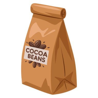 Kakao çekirdeği kağıt torbası karikatür vektör çizimi. Çikolata ürünü ambalajı tatlı yiyecek tasarımı ve retro sanat kavramları için uygun.