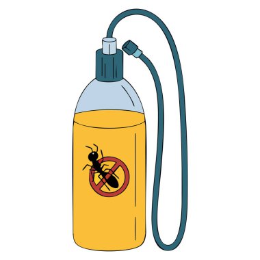 Haşere kontrolü ve böcek önleme sanatına uygun termitleri ve karıncaları yok etmek için tasarlanmış sarı basınç spreyinin renkli çizgi film çizimi