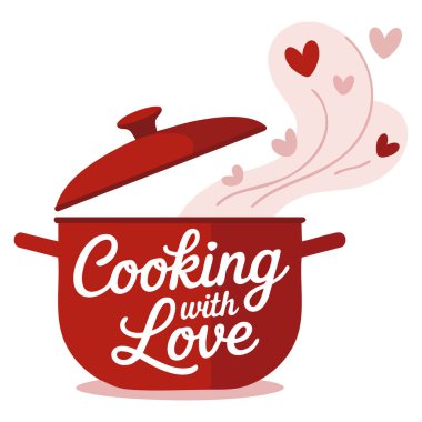 Aşçılıkla Yemek Pişirme Elleri beyaz arka planda izole edilmiş yemek tenceresi ve kalp ikonu ile pembe harfli vektör çizimi mutfak tasarımı elementi