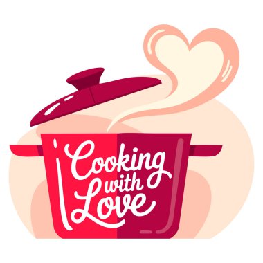 Aşkla Aşçılık pembe harfli tasarım vektör çizimi mutfak konsepti kalp ikonu ile pişirme beyaz arka planda izole mutfak dekorasyonu için mükemmel