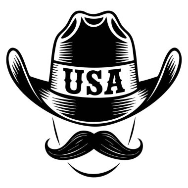 Kovboy şapkası ve bıyıklı ABD sembolü vektör illüstrasyon el çizimi retro tasarım elementi logo rozet dekorasyonu ve batı temalı sanat eserleri için mükemmel