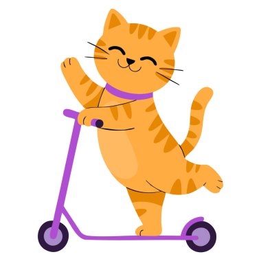 Sevimli kızıl kedi karakteri tekme scooter vektör çizimi çocuklar için mükemmel çizgi film eğlenceli hayvan karakter tasarımı ve etkinlik temalı sanat eserleri