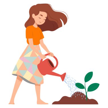 Bahçedeki çiçekleri sulandıran tatlı bir kız bahçe bitkisi ve bahar temalı tasarımlar için mükemmel bir vektör çizimi sunabilir.