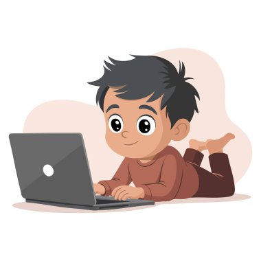 İnternette eğitim için dizüstü bilgisayar kullanan sevimli küçük çocuk evde kalıp öğrenim ve öğrenci kavramları için ideal bir not defterinin arkasında yatan mutlu gülümseme vektör çizimleri çiziyor.