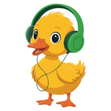 Şirin sarı ördek yavrusu kulaklıkla müzik dinliyor vektör illüstrasyonları neşeli çocuklar için mükemmel karakter ve çizgi film temalı tasarımlar.