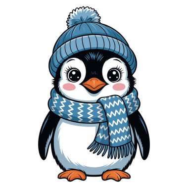 Şirin penguen, soğuk mevsimlik rahat hayvan resimleri ve büyüleyici kış temalı çizgi film tasarımı için ideal bir kupa kış vektör çizimi.