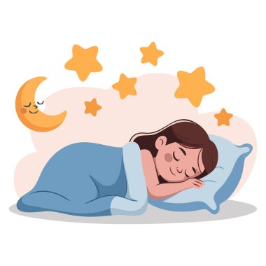 Çizgi film stili vektör illüstrasyonunda tatlı bir kız çocuk eğitim konsepti ve eğitim temalı sanat eserleri için uyku sözcüğü fiilini temsil ediyor.