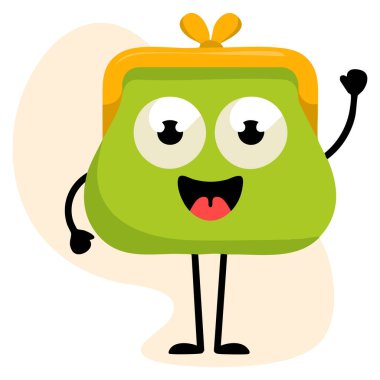 Sevimli, gülümseyen çanta karakteri elini sallıyor komik, yeşil, insancıl çanta karikatür vektör ilülasyonu eğlenceli ürünler ve çocuklar için tasarım temaları için mükemmel.