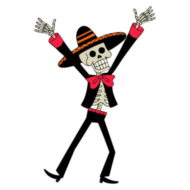 Geleneksel bayram kutlaması kültür festivali ve dekoratif sanat eserleri için uygun Meksika kostümlü iskelet çizimi Dia de los Muertos