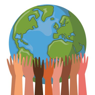 Dünya 'ya uzanan farklı eller birlik çeşitliliğini ve küresel bağlantı el çizimi biçim vektör çizimini beyaz izole arka planda sembolize eder