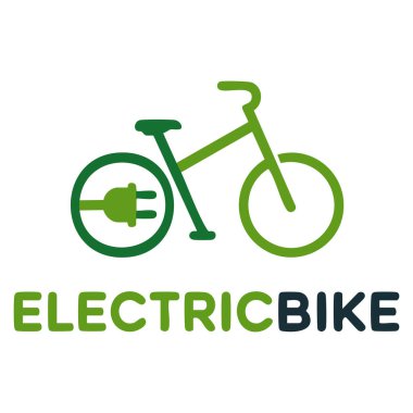 Teknoloji taşınabilirliği eko taşımacılığı, temiz enerji döngüsü ve modern sürüş markalaşma temaları için mükemmel bir fiş sembolü içeren elektrikli bisiklet vektör logosu şablonu