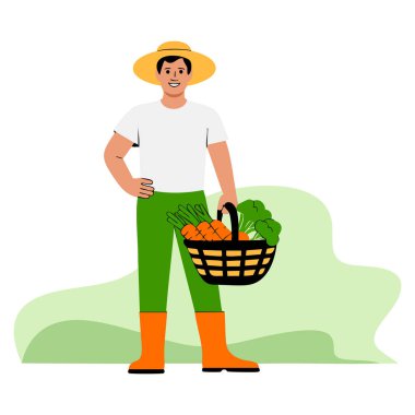 Çiftçi, tarımsal yaşam tarzı ve tarım temalı sanat eserleri için ideal tarım ürünleri yetiştiren bahçede çalışan vektör illüstrasyonlarını hasat ediyor