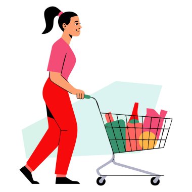 Alışveriş merkezinin süpermarket yaşam tarzı ve perakende temalı yaratıcı tasarımlar için ideal alışveriş arabasıyla şık genç kadın vektör çizimi