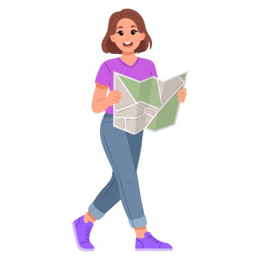 El-vektör illüstrasyonunda haritası olan kadın çizgi film karakteri tasarımı seyahat macerası gezinti keşfi ya da eğitim temalı görseller için mükemmeldir.