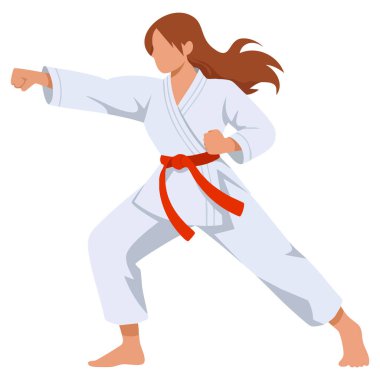 Beyaz kimonolu kadın karate dövüşçüsü. Dövüş sanatları çizim çizimi yapıyor. Spor, Japonya ya da dövüş temaları için mükemmel.