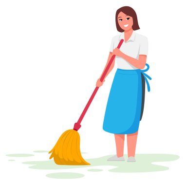 Temizlikçi kadın temizlikçi. Temizlik şirketi çalışanlarının, temizlik hizmetleri tasarımları için uygun ekipmanlarla, kattaki düz vektör illüstrasyonunu temizliyor.