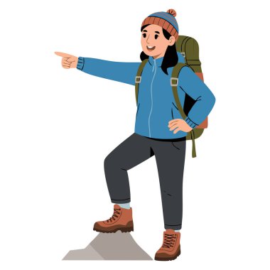 Dağların tepesindeki kadın turist izole edilmiş vektör illüstrasyonu seyahat macerası turizm tatili ve açık hava manzarası tasarımları için idealdir.