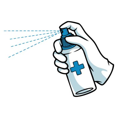 Düz ikon tasarımı antibakteriyel dezenfektan sprey el illüstrasyonu virüsün soğuk algınlığı enfeksiyonu kontrolünün hijyen ve sağlık temalı sanat eserleri için mükemmel olmasını önlüyor.