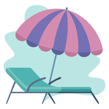Plajda şemsiyesi ve dinlenme odası olan düz ikon vektör illüstrasyonu yaz tatili tatil tatil beldesi ve rahatlama temalı tasarımlar için mükemmel izole edilmiş.