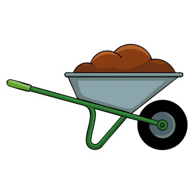 Toprak ya da gübre dolu bahçe el arabasının düz stil çizimi tarım, bahçıvanlık, tarım malzemeleri ve açık hava temalı tasarımlar için mükemmeldir.
