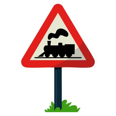 Demiryolu Element Mobil Oyunu veya trafik eğitimi tasarımları için bariyersiz tren ile üçgen yol işaretinin düz vektör çizimi