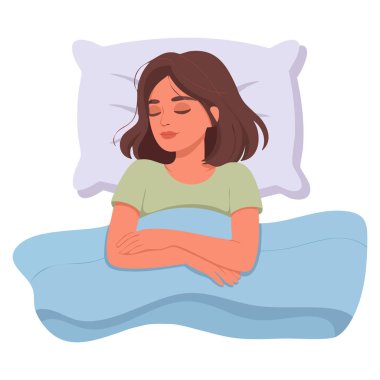 Yatakta yastık ve battaniyelerle uyuyan mutlu insanların düz vektör çizimi uyku, rüya ve rahatlama temalı sanat eserleri için uygun.