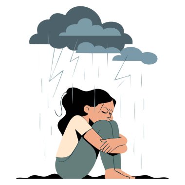 Fırtına bulutu altında oturan genç mutsuz kızın düz vektör çizimi zihinsel bozukluk için uygun ağlama sorunu farkındalığı ve duygusal tasarım kavramları
