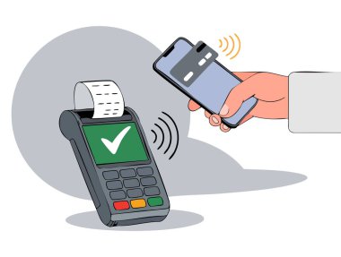NFC akıllı telefon ve POS terminali üzerinden kablosuz ödemeyi gösteren düz vektör çizelgesi perakende, e-ticaret ve fintech kavramları için uygun onay işaretli