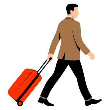 Düz vektör demiryolu kompozisyonu, izole edilmiş erkek karakterin seyahat ulaşımı ve banliyö temalı yaratıcı sanat eserleri için ideal bavulla yürüdüğünü gösteriyor.