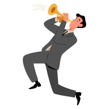 Müzik, konser ve sanatsal temalı yaratıcı tasarımlar için ideal olan zarif takım elbiseli Fransız korna sanatçısı vektör illüstrasyoncusu caz müzisyeni.