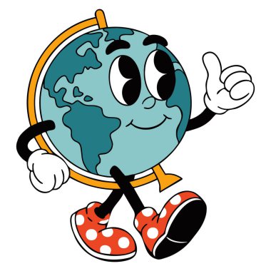 90 'ların modası geçmiş komik dünya maskotu eğitim kırtasiyesi çıkartma ikonu dekoratif veya okul temalı eğlenceli sanat eserleri için mükemmel.