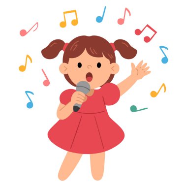 Müstakbel şarkıcı kız karakter çizimi şirin çizgi film tarzıyla müzik ve çocuk temalı yaratıcı sanat eserleri için beyaz arka planda izole edilmiş.