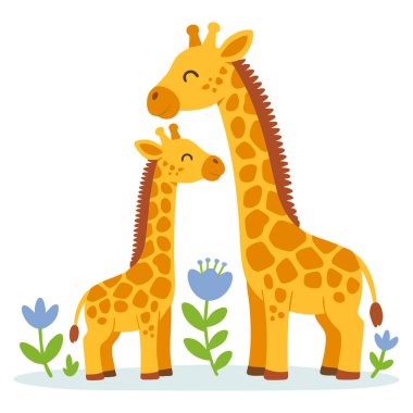 Zürafa ailesi sevimli anne camelopard bebek vektör karikatür çizimi vahşi yaşam temalı projeler ve hayvan sanatı için mükemmel.