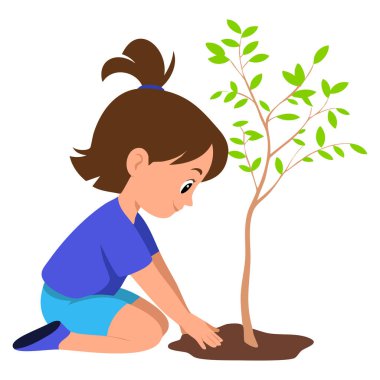 Beyaz arkaplana izole edilmiş ağaç renkli basit bir tasarım vektörü çizen kız çevre bilinci eğitimi için mükemmel doğa ya da bahçe temalı sanat eserleri için