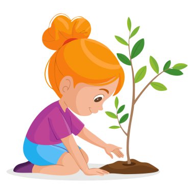 Kız ağaç vektörü illüstrasyonunu renklendiriyor. Beyaz arka planda izole edilmiş basit bir tarz. Çevresel farkındalık için mükemmel.