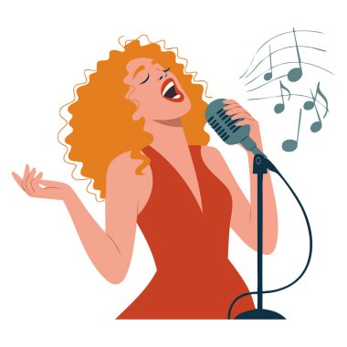 Şarkıcı, müzik performansı, eğlence ve sahne temalı tasarımlar için izole edilmiş mikrofon vektör illüstrasyon çizgi film karakteri ile şarkı söyleyen kız