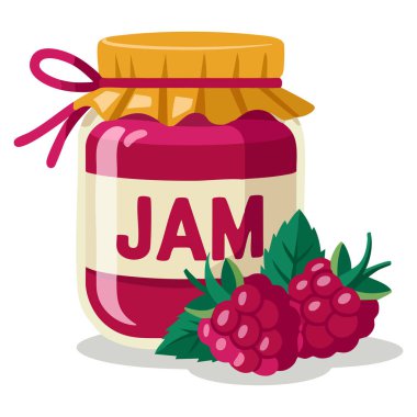 Cam kavanoz ahududu reçeli konfeksiyon vektör illüstrasyonu tatlı yemek paketleme mutfak tarifi veya mutfak temalı tasarımlar için uygun beyaz arkaplan üzerinde