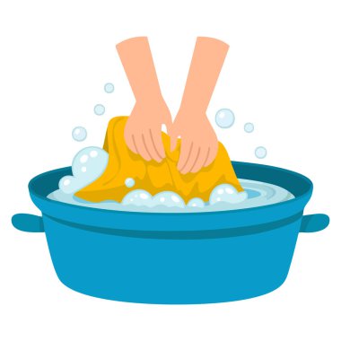 Yeşil leğen çamaşır yıkama bembeyaz arka planda el ile vektör çizimi ev işi ev işi ev temizlik ve çamaşır işi konsepti için mükemmel