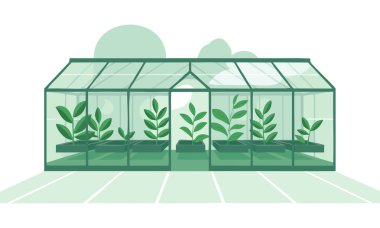 Cam duvarlı sera vektör illüstrasyon karikatür biçimi tarımsal tarım bitkisi ekimi veya bahçe temalı eğitim tasarımları için uygundur