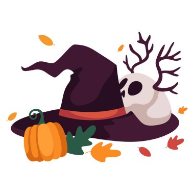 Kafatası cadı şapkası ve balkabağı vektör çizimi ile Cadılar Bayramı ürkütücü tatil kutlamaları için mükemmel parti dekorasyonu ve mevsimsel tasarım temalı sanat eserleri