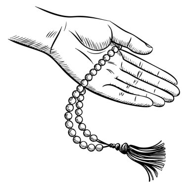 El çizimi, ruhani temalı görseller için ideal bir Müslüman tespih taşının tasarım elementlerine ilham veren dua ve adanmışlık.