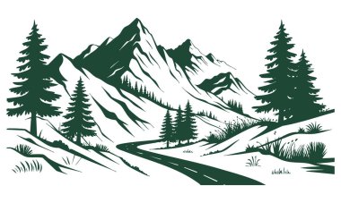 Dağlı ve çam ağaçlı el çizimi sanat dağ tasarımı minimalist vektör illüstrasyonu manzara manzarası veya dekorasyon için idealdir.