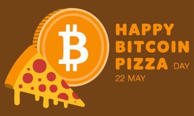 Bitcoin Pizza Günü poster illüstrasyonu Altın Bitcoin madeni para ve arkaplan pankartı için pizza dilimi şablonu 22 önemli gün