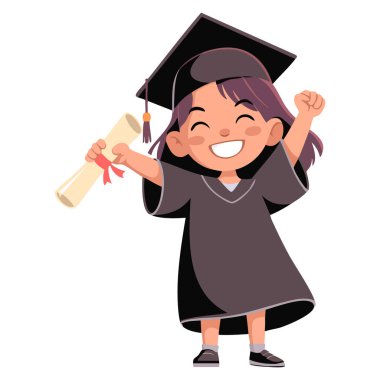 Mor bir elbise ve mezuniyet şapkası takarak mezun olan mutlu bir kız eğitim kutlaması ve öğrenci temalı tasarımlar için mükemmel bir diploma vektör çizimi taşıyor.